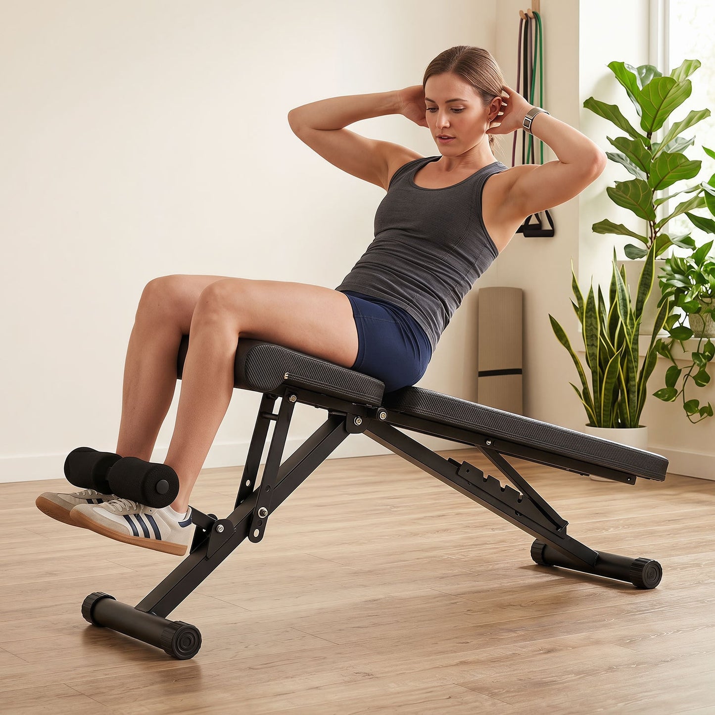 Adjustable Foldable Black Dumbbell Bench with PU Upholstery