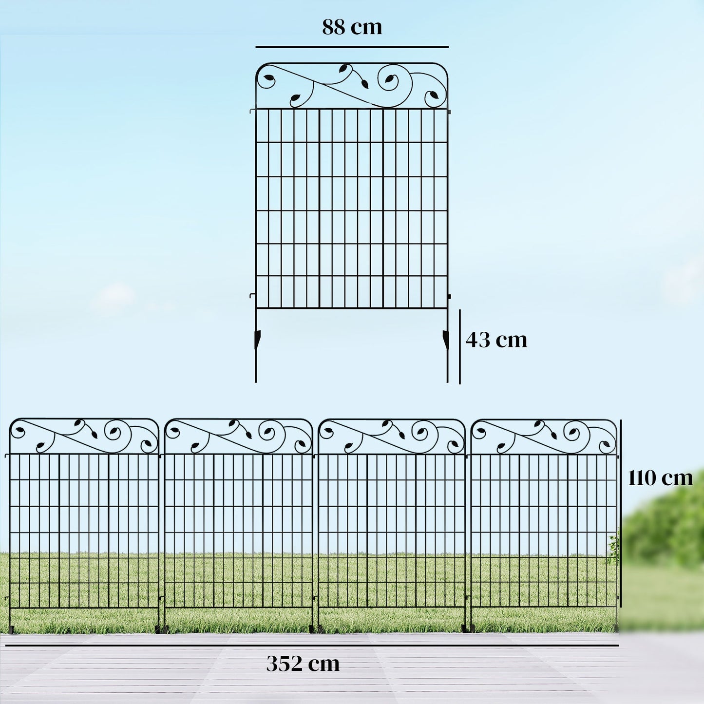 Outsunny Decorative Garden Fencing, 4PCs Outdoor Picket Fence Panels, 43in x 11.5ft Rustproof Metal Wire Landscape Flower Bed Border Edging Animal Barrier, Black