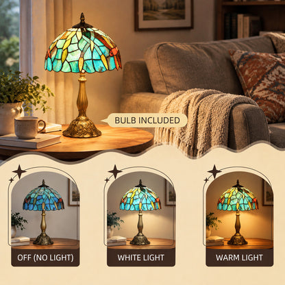 HOMCOM Tiffany Stained Glass Table Lamp, Handmade Antique Bedside Lamp for Bedroom, Living Room, Nightstand, Green