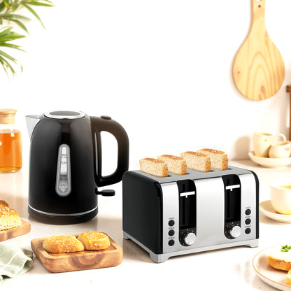 HOMCOM Kettle and Toaster Set, 1.7L 3000W Rapid Boil Jug Kettle with Otter Thermostat, Limescale Filter, 4 Slice Toaster with 7 Browning Controls, Crumb Tray, LED Strip, Black