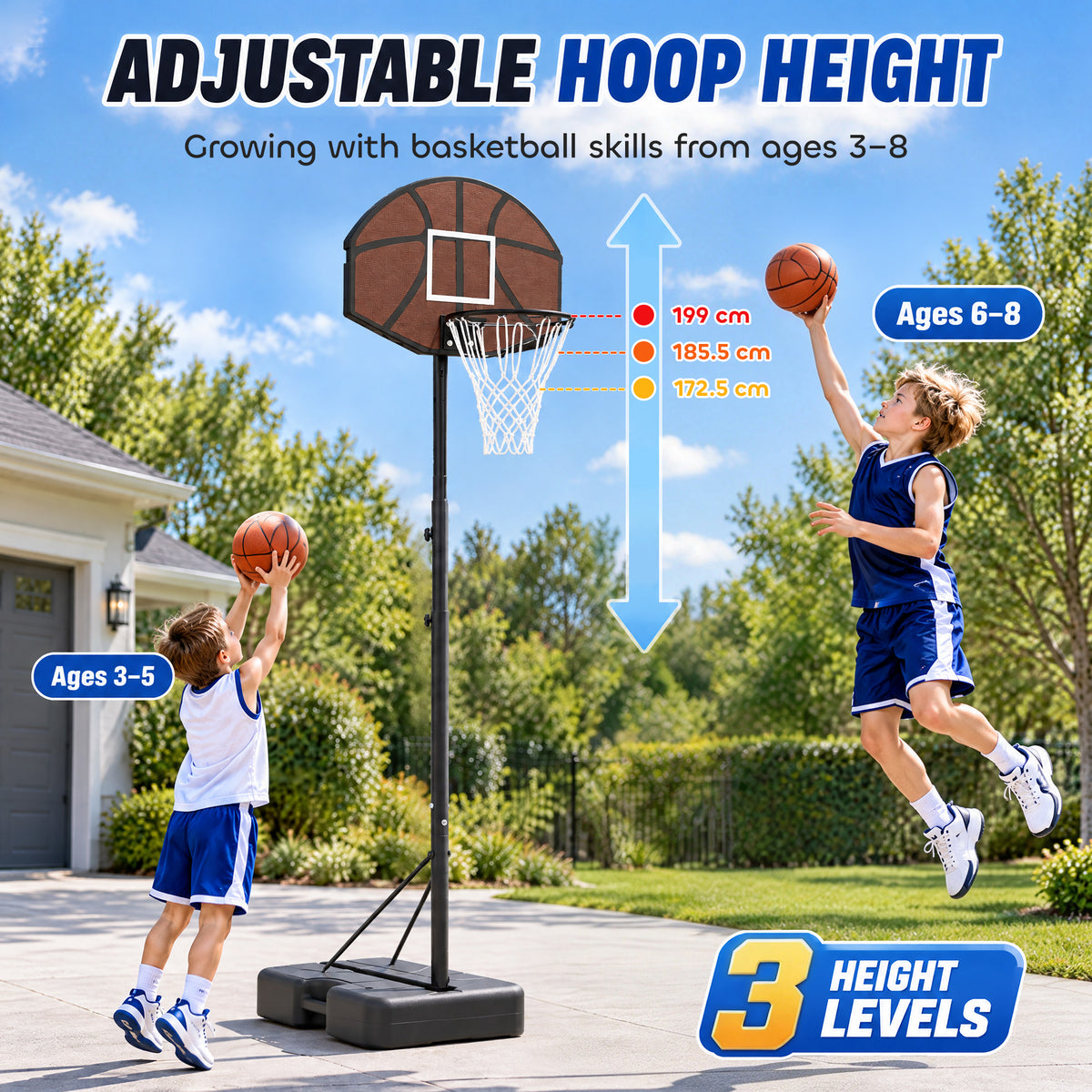 AIYAPLAY Kids Basketball Hoop and Stand, Adjustable Height, 172.5 /185.5 /199 cm, Outdoor Play Game Toys for Ages 3-8, Black