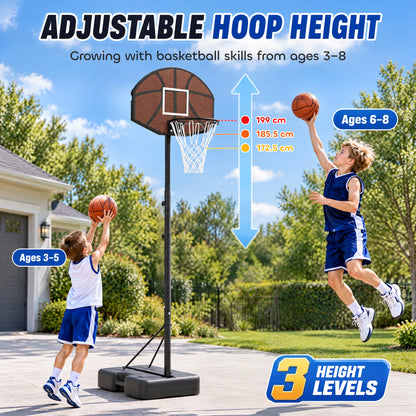 AIYAPLAY Kids Basketball Hoop and Stand, Adjustable Height, 172.5 /185.5 /199 cm, Outdoor Play Game Toys for Ages 3-8, Black