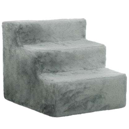 PawHut Three-Step Dog Stairs, with Washable Plush Cover, for High Bed Sofa, Dog Stairs for Small Dog and Cat - Light Grey