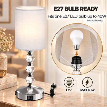 HOMCOM Bedside Lamp, Modern Crystal Decoration Table Lamp w/ PVC shade, USB A+C Charging Ports, Bulb Not Included, Silver Tone