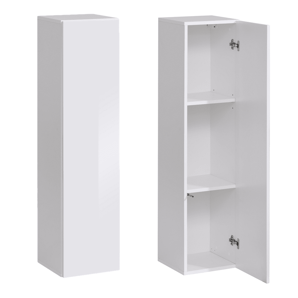 White corner cabinet with open shelves on a white background