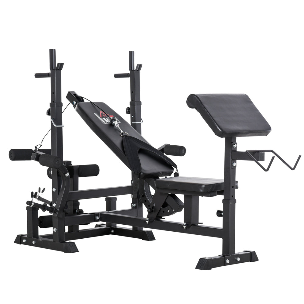 HOMCOM Weight Bench, 6 in 1 Adjustable Bench Press with Leg Extension, Barbell Rack, Preacher Curl Pad, Resistance Band, Multi-Function Home Gym Equipment for Strength Training Weightlifting