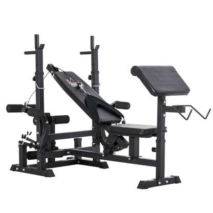 HOMCOM Weight Bench, 6 in 1 Adjustable Bench Press with Leg Extension, Barbell Rack, Preacher Curl Pad, Resistance Band, Multi-Function Home Gym Equipment for Strength Training Weightlifting