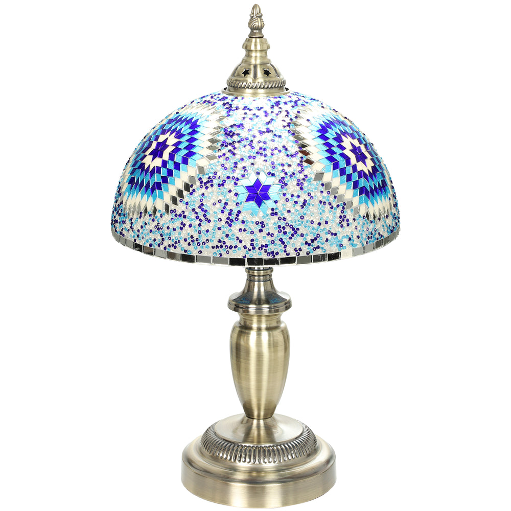HOMCOM 30cm Tiffany Lamp, Stained Glass Bedside Table Lamp with Button Switch and Metal Base, Blue