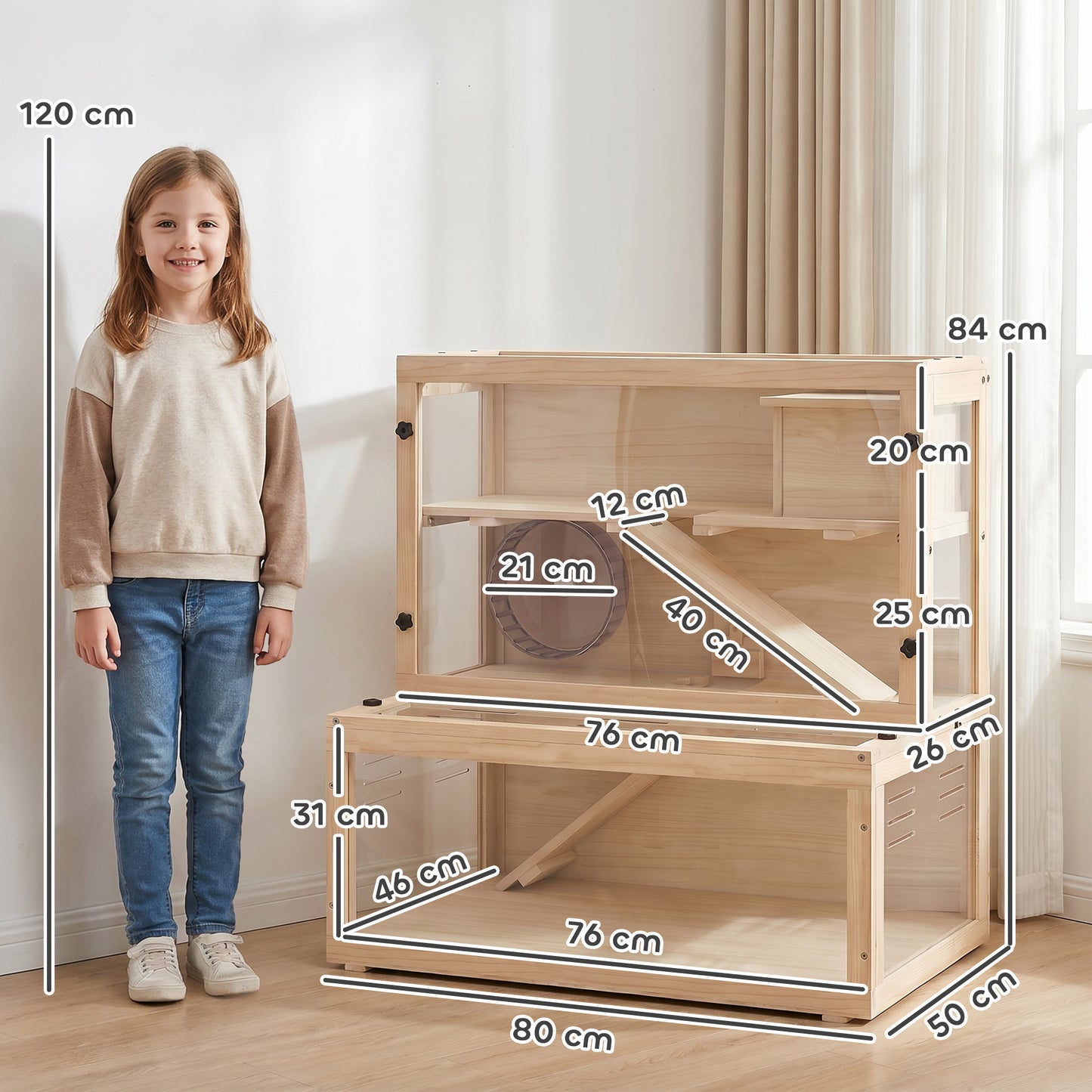 PawHut Wooden Hamster Cage with Hut, Wheel, Ramps, Removable Viewing Panels, 80 x 50 x 84 cm, Natural
