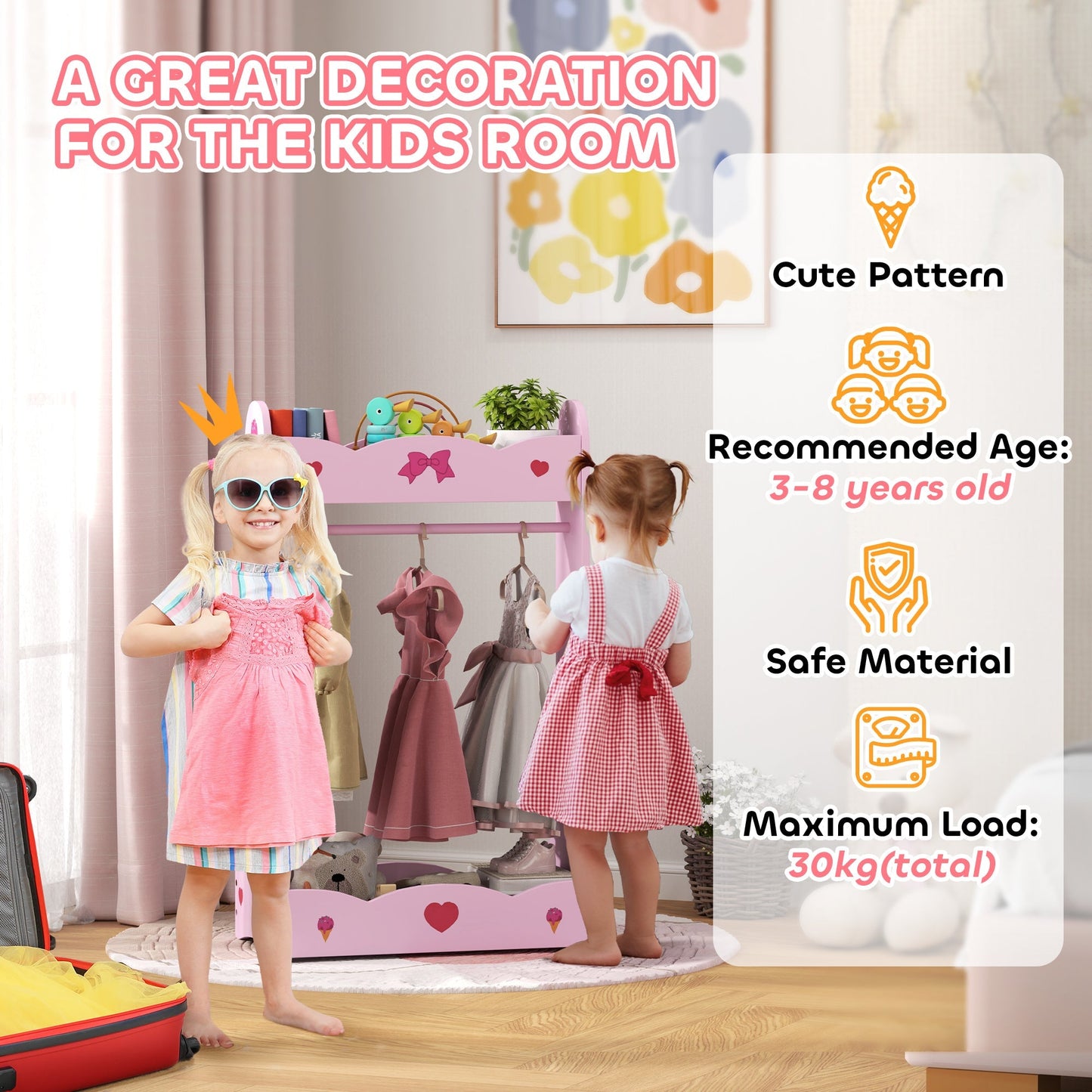 AIYAPLAY Kids Bed with Safety Rails, Kids Clothes Rail, Kids Full Length Mirror, 3 Piece Kids Furniture Set for Bedroom, Pink