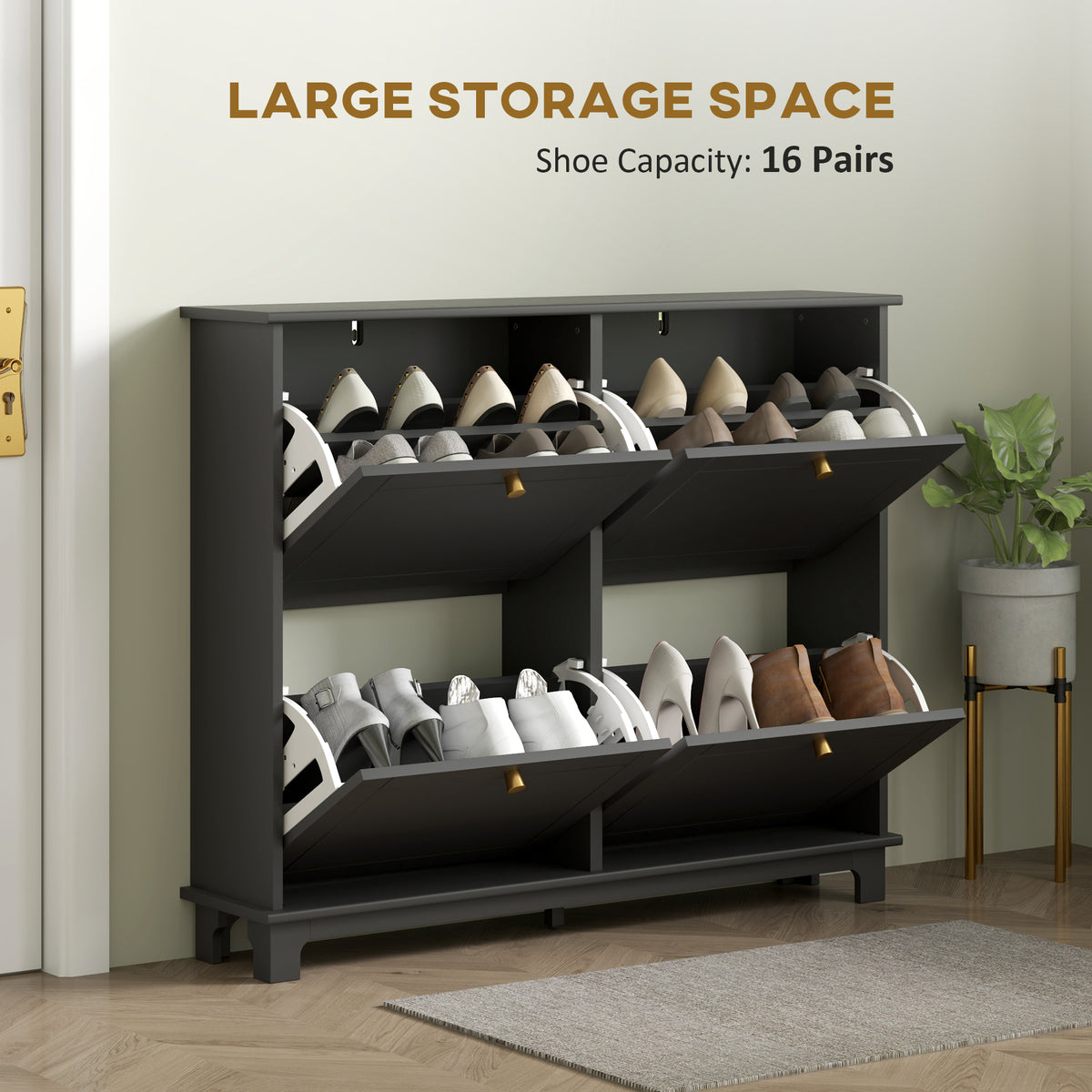 HOMCOM Narrow Shoe Storage Cabinet, Slim Shoe Cabinet with 4 Flip Drawers, Adjustable Shelves for 16 Pairs of Shoes, Black