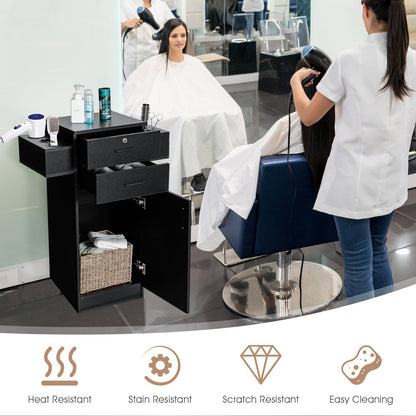 3-Tier Locking Salon Storage Cabinet with 2 Drawers and 6 Hair Dryer Holders-Black