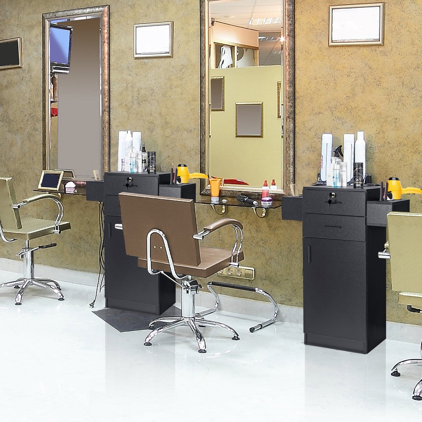 3-Tier Locking Salon Storage Cabinet with 2 Drawers and 6 Hair Dryer Holders-Black