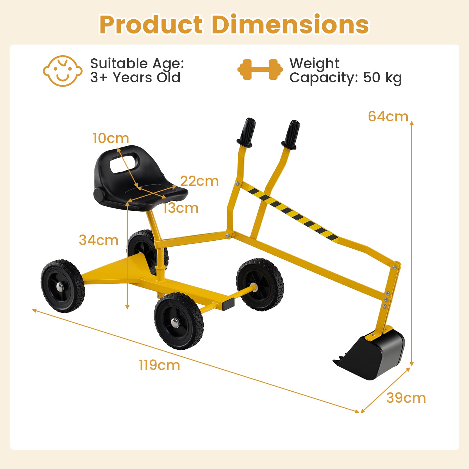 Sandbox Toy Digger with 2-Handed Controls for 3+ Years Old-Yellow