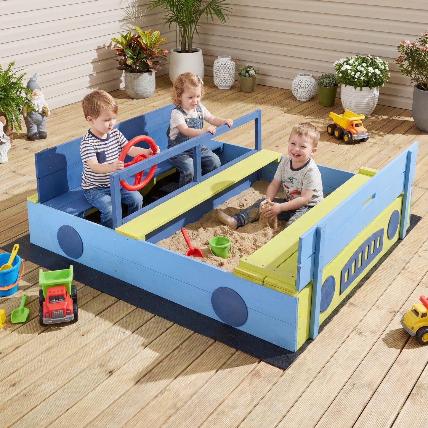 Sandpit Sandpit with Bench Folding Lid and Sandpit Liner Fir Wood Sandpit-Blue