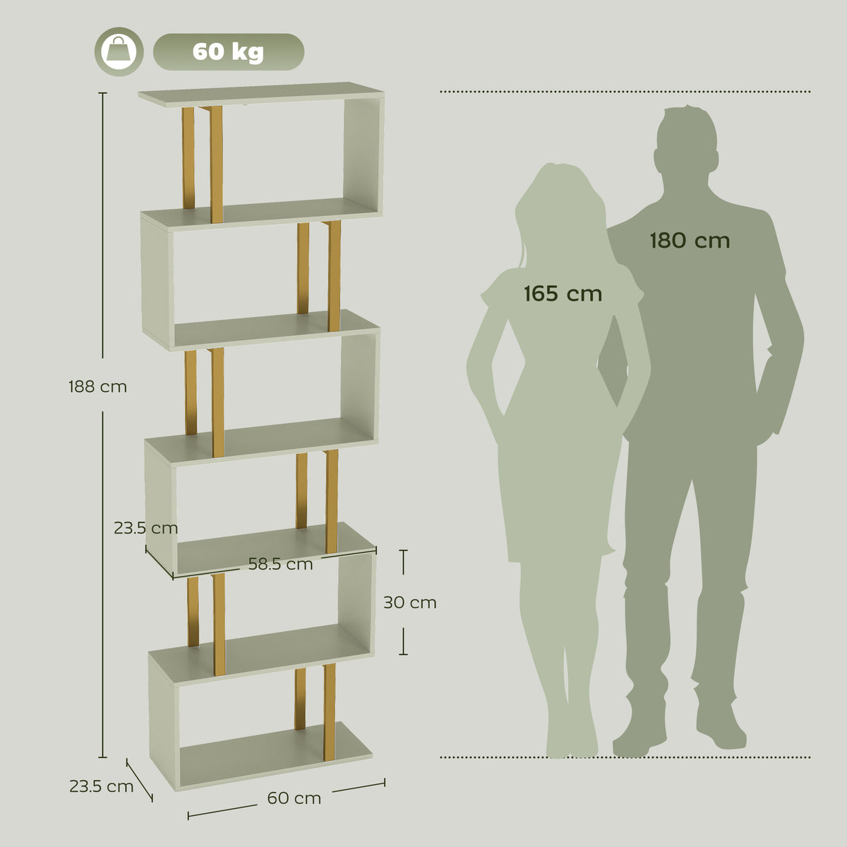 HOMCOM S-Shaped Bookshelf, 6-Tier Bookcase, Freestanding Storage Shelves with Anti-Tip Strap for Living Room, Light Green