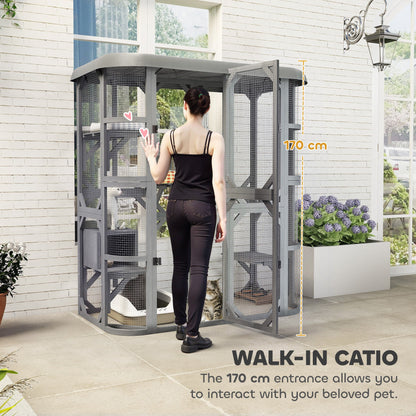 PawHut Catio Outdoor Cat Enclosure,  Wooden Cat House with Platforms, Condo and Waterproof Cover for 2â3 Kittens, Grey
