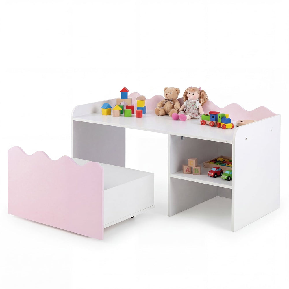 Scalloped Kids Bookshelf with Movable Drawer and Anti-Toppling Kit for Playroom-Pink