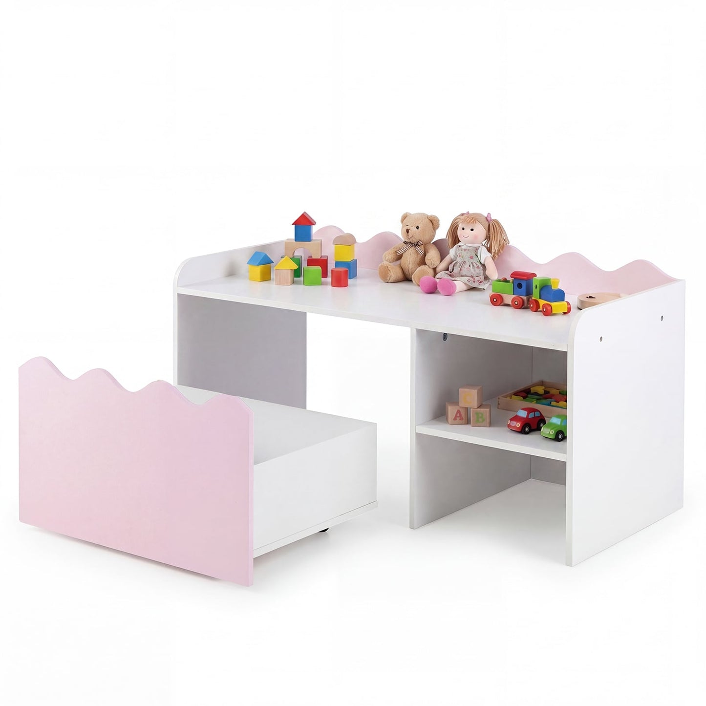 Scalloped Kids Bookshelf with Movable Drawer and Anti-Toppling Kit for Playroom-Pink
