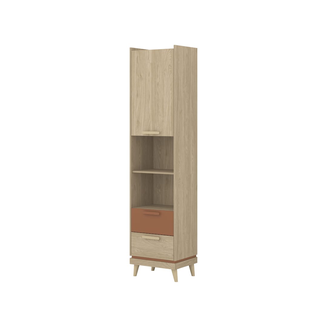 Tall wooden cabinet with a light finish and a red-brown drawer on a white background