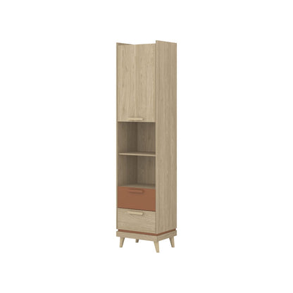 Tall wooden cabinet with a light finish and a red-brown drawer on a white background