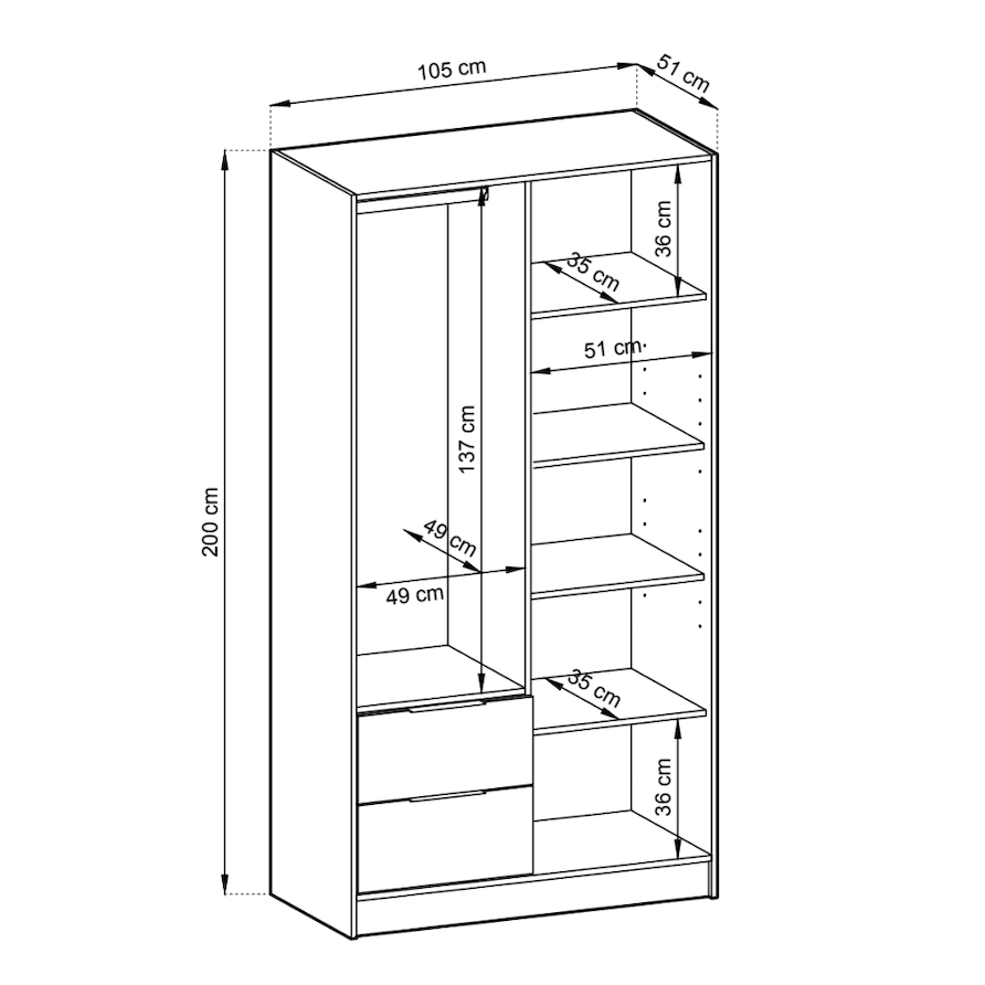 Dimensions of a bookshelf with clear glass panels and metal frame.