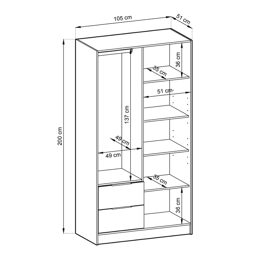 Dimensions of a bookshelf with clear glass panels and metal frame.