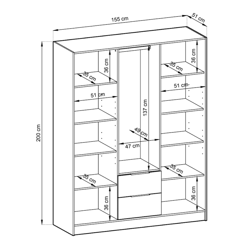 Dimensions of a bookshelf with labeled measurements on a white background