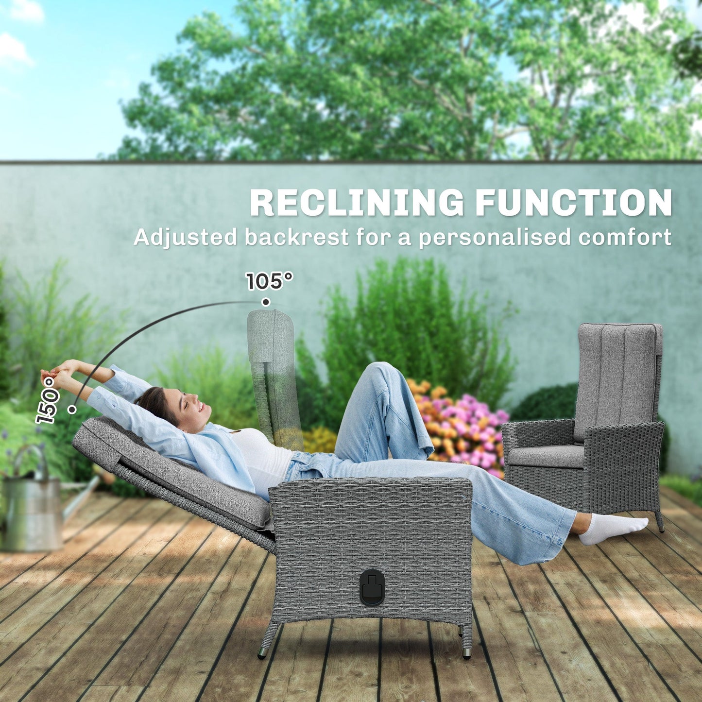 Outsunny 105Â°-150Â° Reclining Rattan Chair - Light Grey