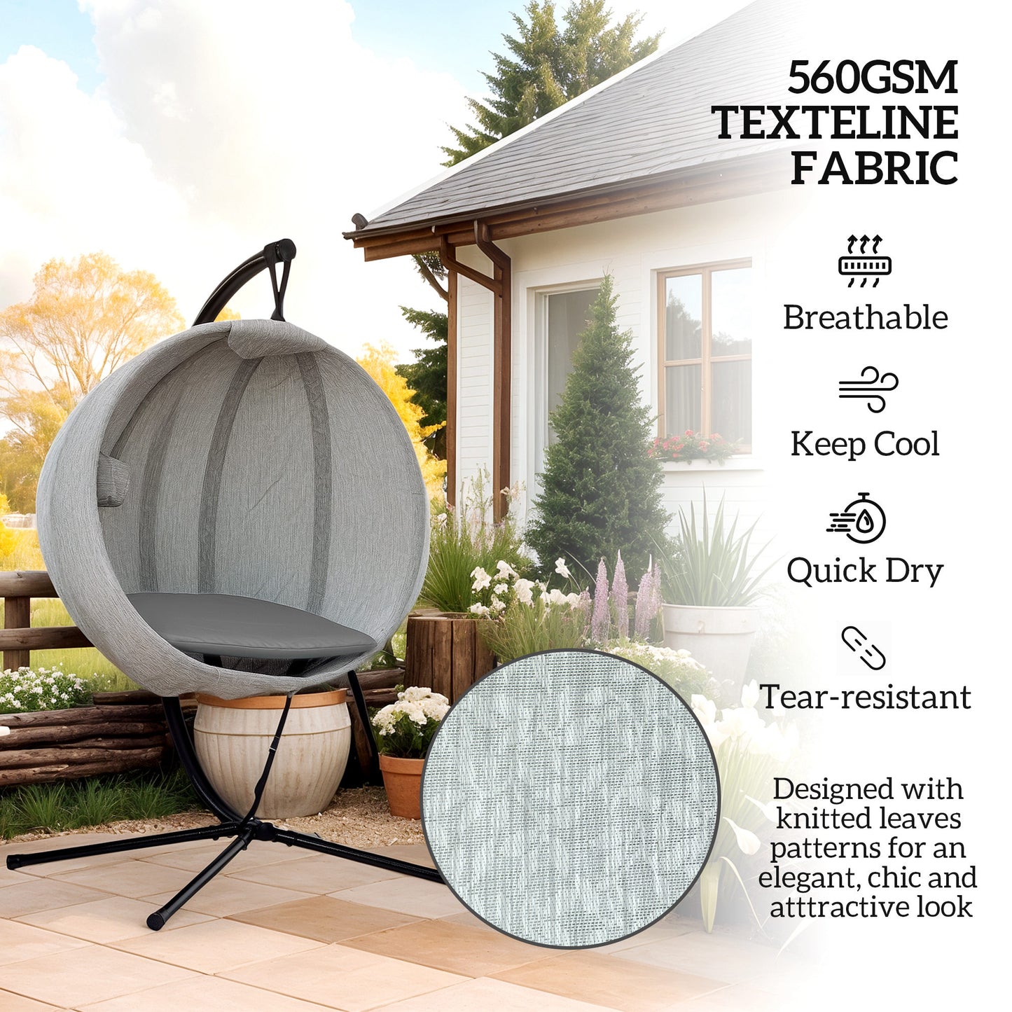 Outsunny Hanging Egg Chair Outdoor Indoor Garden Swing Chair with Folding Basket, Thickened Cushion, Cup Holder for Patio, Balcony, Grey