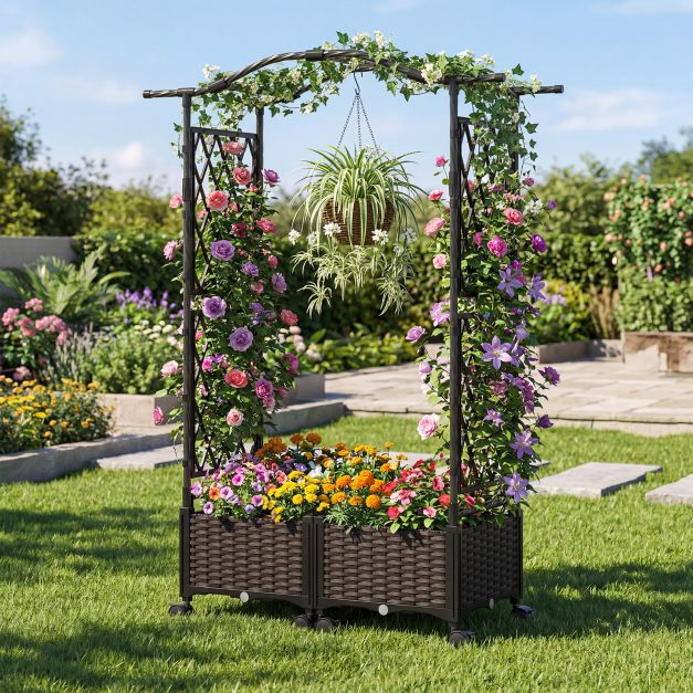 2-in-1 Flower Box with Trellis &amp; Hanging Roof Rose Arch with 2 Planters Brown