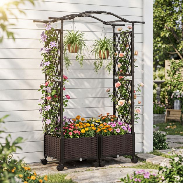 2-in-1 Flower Box with Trellis &amp; Hanging Roof Rose Arch with 2 Planters Brown