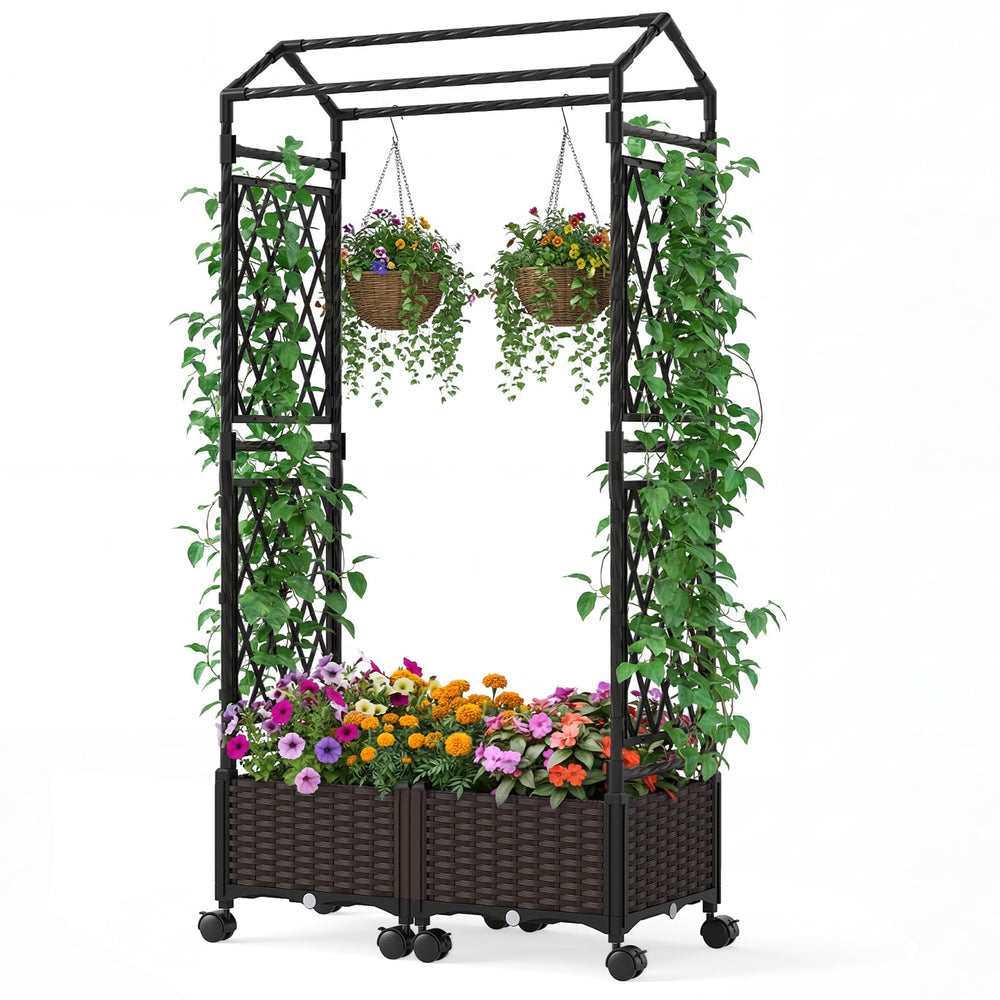 Self-Watering Planter Boxes with Lattice Trellis and Roof for Climbing Vine-Brown