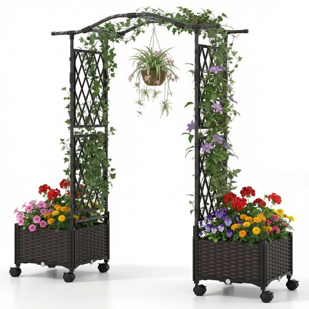 2-in-1 Flower Box with Trellis &amp; Hanging Roof Rose Arch with 2 Planters Brown