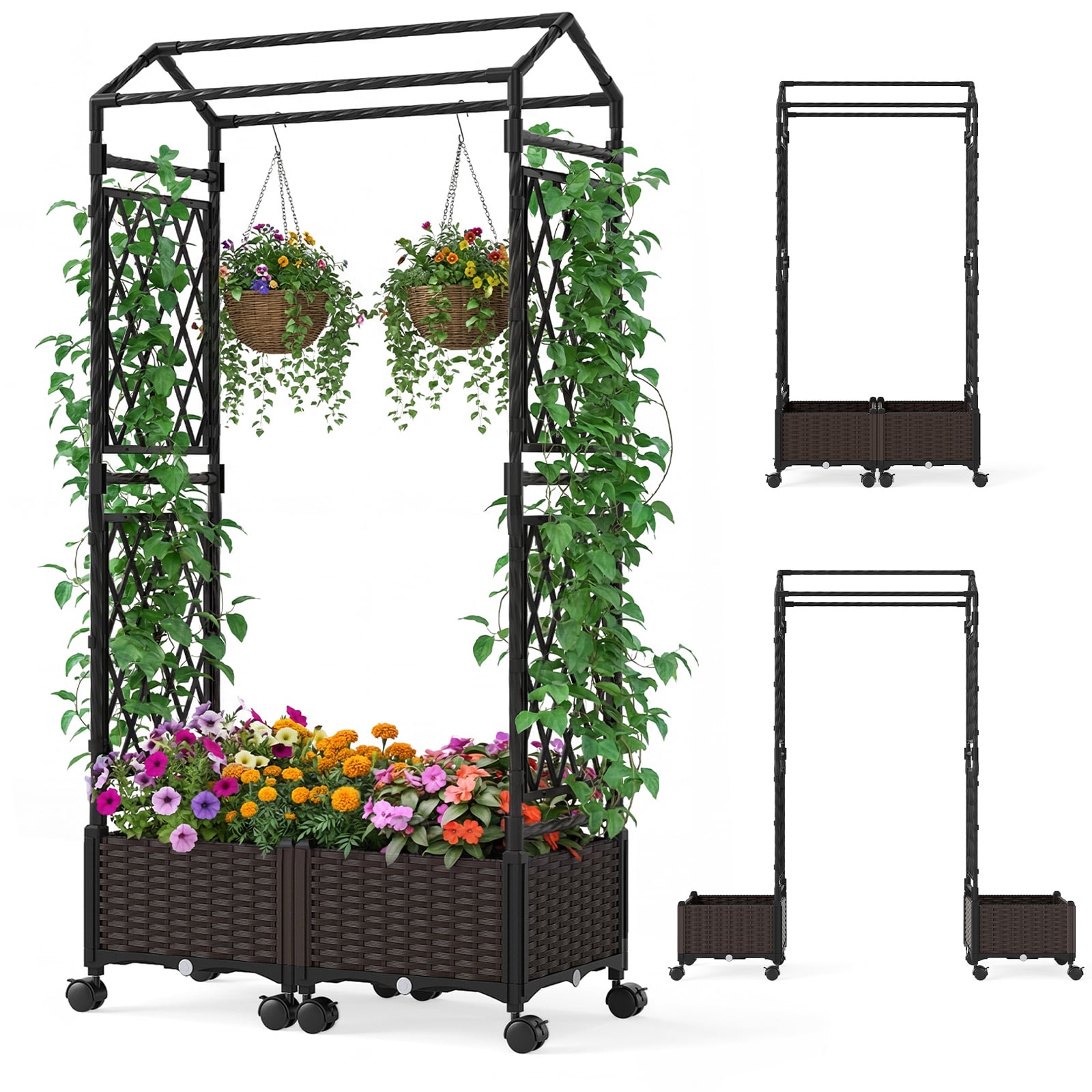 Self-Watering Planter Boxes with Lattice Trellis and Roof for Climbing Vine-Brown