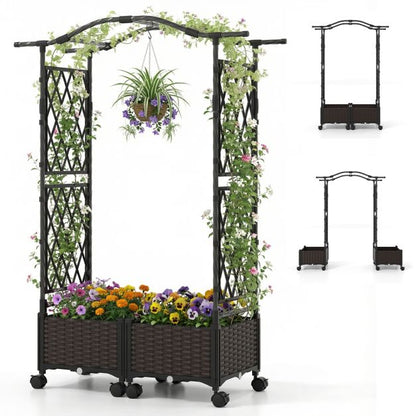 2-in-1 Flower Box with Trellis &amp; Hanging Roof Rose Arch with 2 Planters Brown