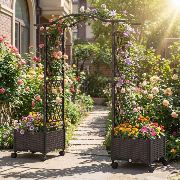 2-in-1 Flower Box with Trellis &amp; Hanging Roof Rose Arch with 2 Planters Brown