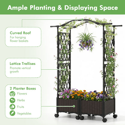 Self-Watering Planter Boxes with Lattice Trellis and Roof for Flower Herb-Brown