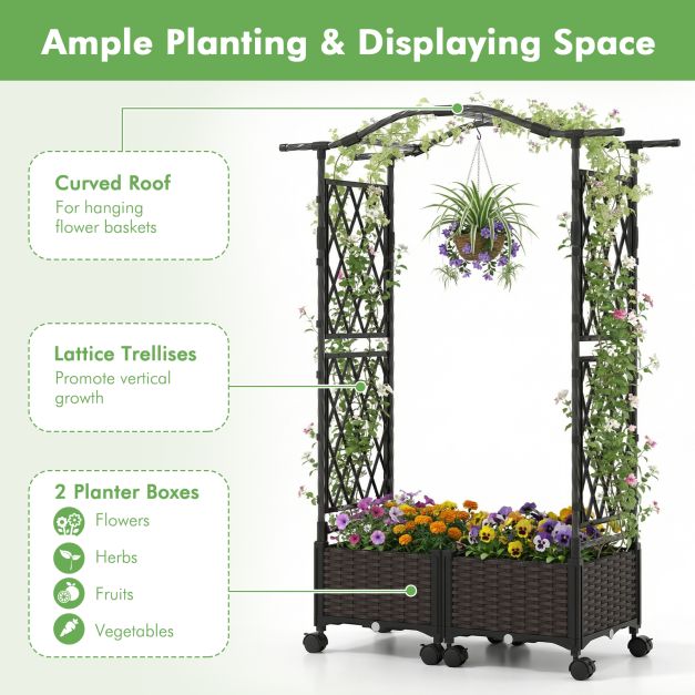 2-in-1 Flower Box with Trellis &amp; Hanging Roof Rose Arch with 2 Planters Brown