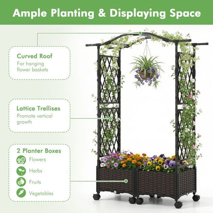 2-in-1 Flower Box with Trellis &amp; Hanging Roof Rose Arch with 2 Planters Brown