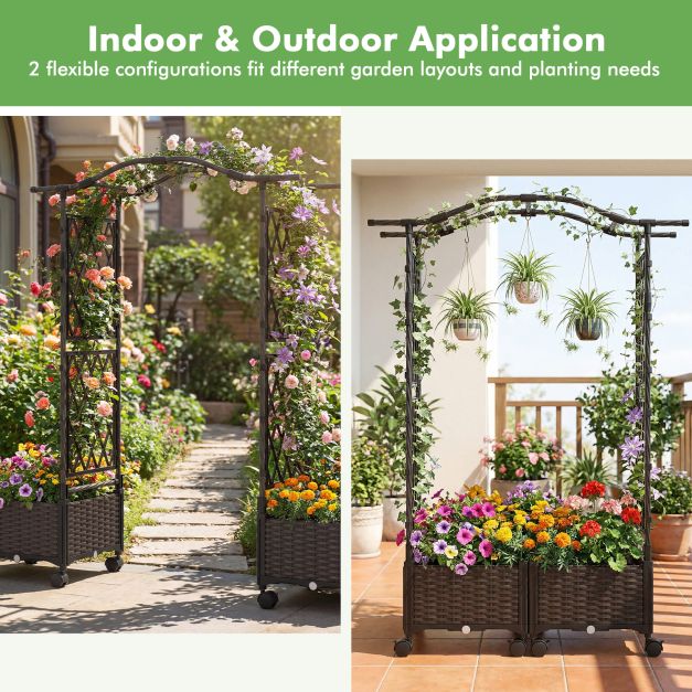 2-in-1 Flower Box with Trellis &amp; Hanging Roof Rose Arch with 2 Planters Brown