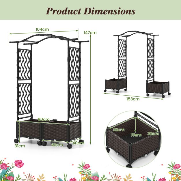 2-in-1 Flower Box with Trellis &amp; Hanging Roof Rose Arch with 2 Planters Brown