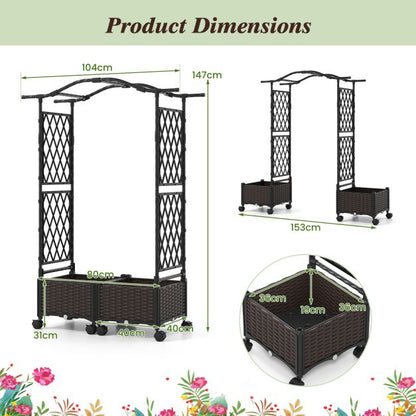 2-in-1 Flower Box with Trellis &amp; Hanging Roof Rose Arch with 2 Planters Brown