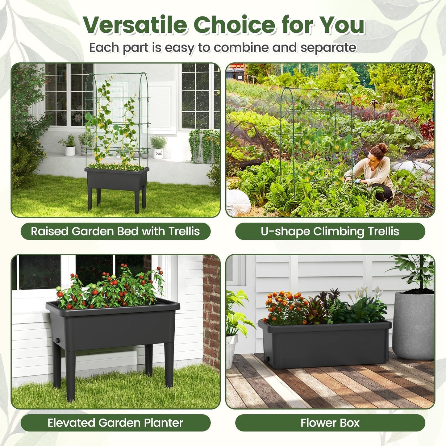 Self-watering Raised Garden Bed with Climbing Trellis-Black