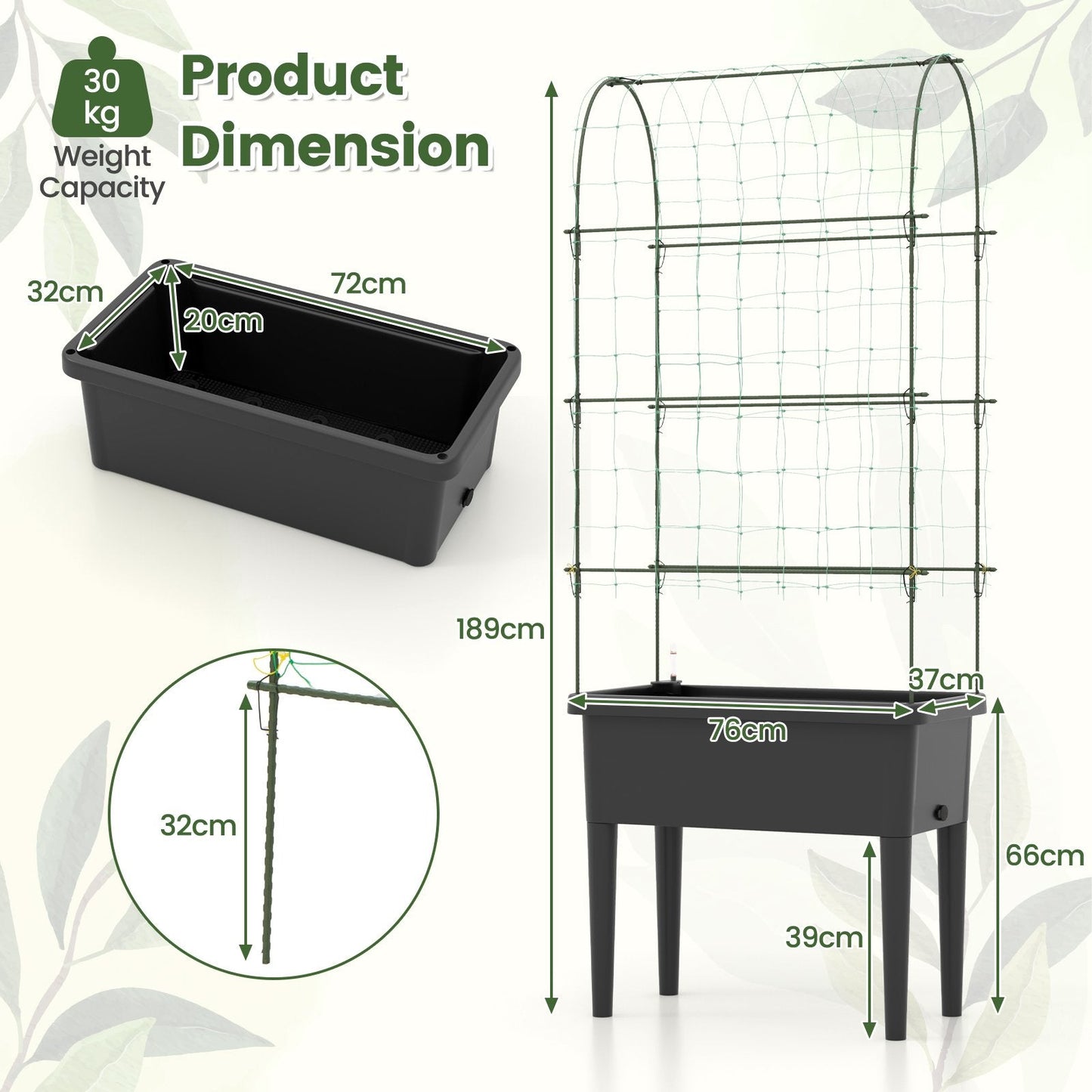 Self-watering Raised Garden Bed with Climbing Trellis-Black