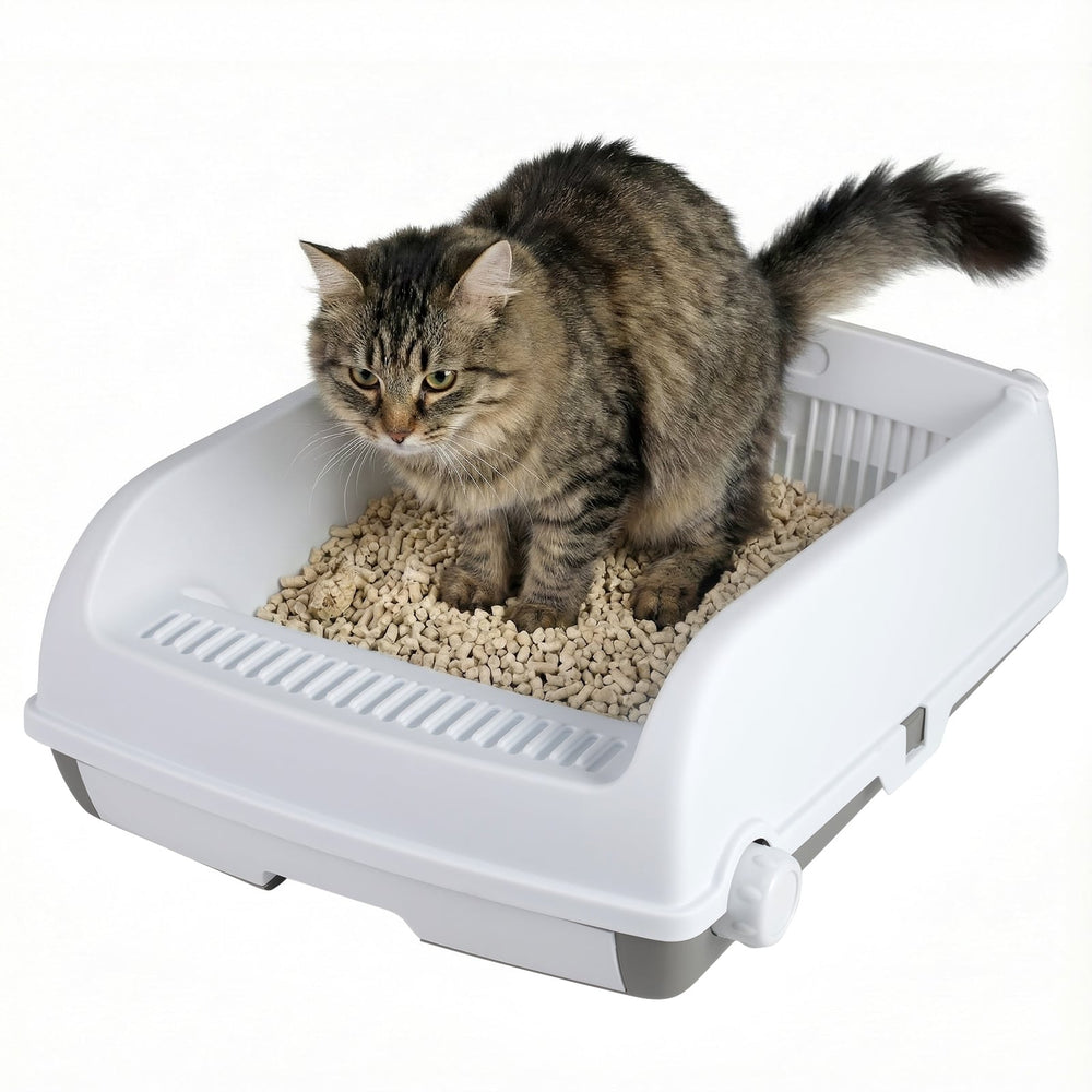 Semi-auto Open-top Cat Litter Box with High Side Splash-proof Cat Toilet with Drawer-type Potty Tray-White