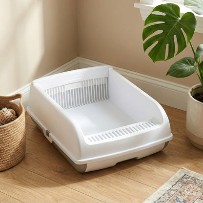 Semi-auto Open-top Cat Litter Box with High Side Splash-proof Cat Toilet with Drawer-type Potty Tray-White