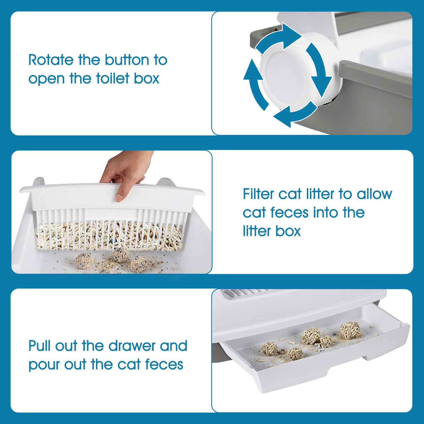 Semi-auto Open-top Cat Litter Box with High Side Splash-proof Cat Toilet with Drawer-type Potty Tray-White