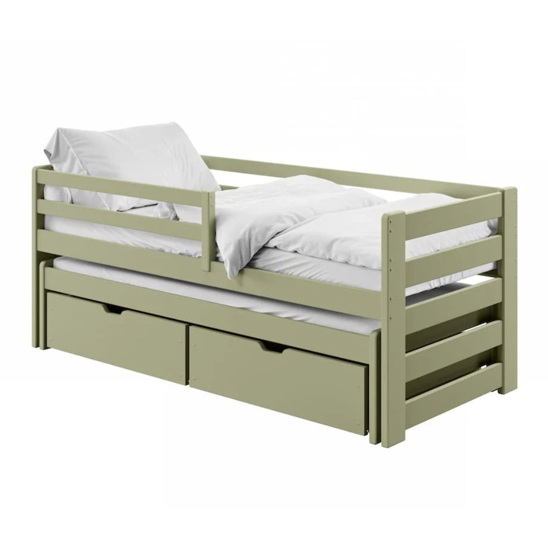 Green children's bed with white bedding on a white background