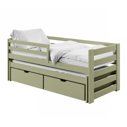 Green children's bed with white bedding on a white background